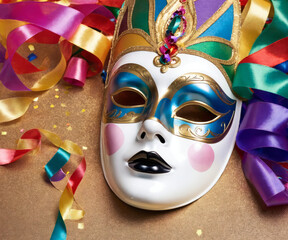 A Carnival Party Extravaganza - Vibrant Venetian Mask Adorned with Colourful Streamers and Whistles, Creating a Festive Atmosphere of Celebration, Medium Website Banner