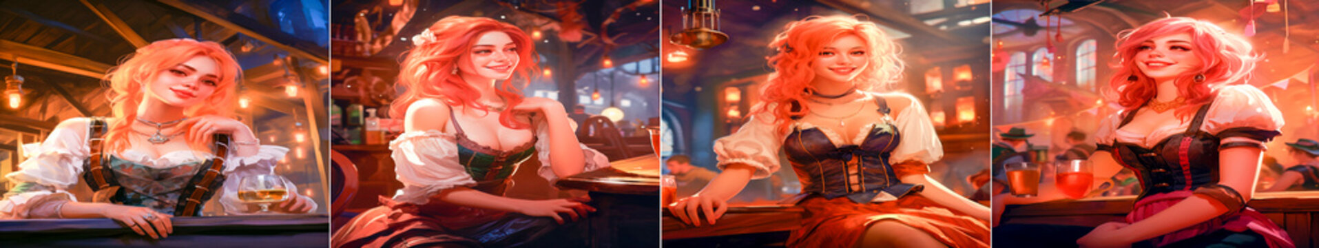 A young girl with a thin figure and pink hair. Wears bright and colorful clothes. Dressed in Victorian era attire. Sits in a tavern and laughs.