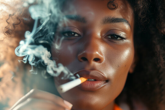 Close up image of an attractive black woman smoking a cigarette	
