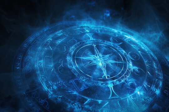 Aquarius zodiac sign against horoscope wheel. Astrology calendar. Esoteric horoscope and fortune telling concept.