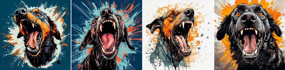 Illustration of an aggressive big dog in comic style. The dog's mouth is coated with a splash of saliva for added effect. Bold and rich design, emphasizing the dog's aggression.