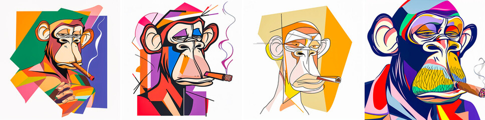 The main illustration shows a monkey smoking a cigar. White background to create contrast and highlight the illustration. Simple and minimalistic design with clean lines.