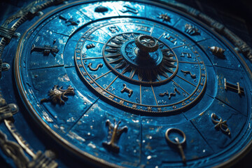 Fototapeta na wymiar Aquarius zodiac sign against horoscope wheel. Astrology calendar. Esoteric horoscope and fortune telling concept.