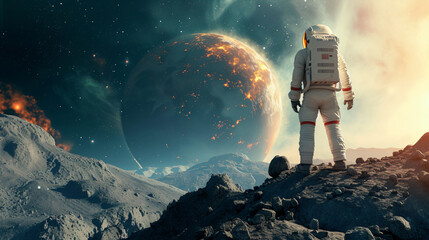 Astronaut braving the uncharted mysteries of an alien planet, showcasing the thrill of space exploration and the essence of epic adventure. - obrazy, fototapety, plakaty