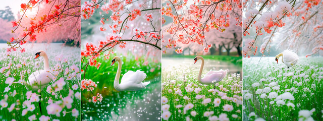 Stunning images of a swan in a snowy landscape. Photos of beautiful flowers covered in heavy snowfall. Capture the beauty of winter nature. . - obrazy, fototapety, plakaty