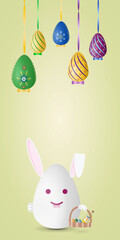 Postcard or greeting card with with traditional Easter symbols, rabbit and painted eggs, vector drawing, portrait orientation, copy space, vertical design, illustration.
