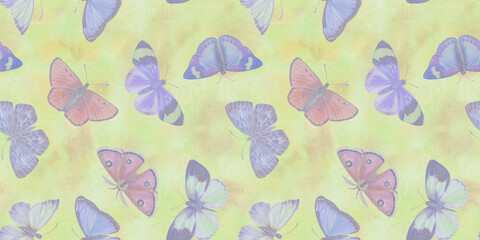 Fototapeta premium vintage print with colored butterflies, on an abstract watercolor background. Hand drawn illustration. Mixed media art