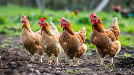 a group of chickens standing next to each other on a field of grass and dirt with one of them looking at the camera