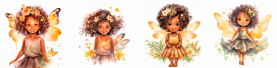 Adorable watercolor clipart of a little African fairy. Ideal for children's books, stationery and crafts. High quality images with vibrant colors. Digital files available for instant download.