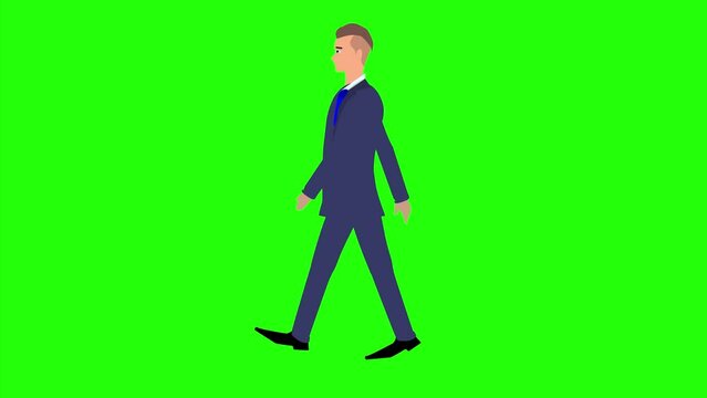 Business Man Character, cartoon walking animation on green screen chroma key, seamless loop