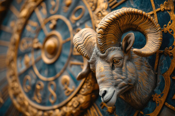 Aries zodiac sign against horoscope wheel. Astrology calendar. Esoteric horoscope and fortune telling concept.