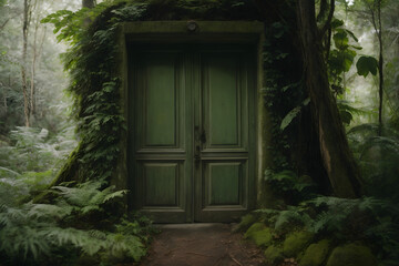 old secret door in a jungle, old house in the woods