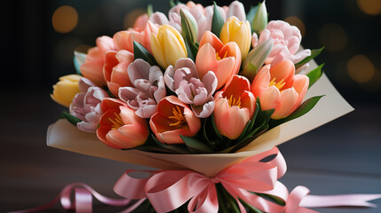Bouquet of beautiful pink, yellow and orange tulips on the blurred background
