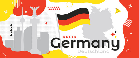 Germany holiday banner with national flag, country map and Berlin cityscape silhouette. German Unity Day (Tag der Deutschen Einheit), Labour Day. Modern retro design with minimalist geometric shapes