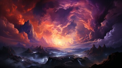 Whimsical landscape with glowing sunset over mystical mountains and dramatic vivid clouds. Concept of fantasy dreamscape, surreal nature, celestial beauty, alien fantasy worlds, calmness