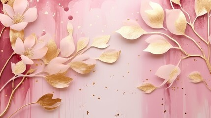 Pastel pink flowers with golden leaves and sparkles. Abstract watercolor background. Copy space. Concept of floral elegance, spring bloom art, romantic decor, minimalist design.