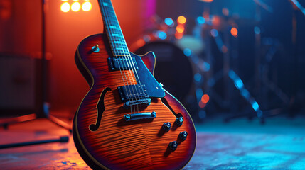 An exquisite electric guitar glimmers under the stage lights, its sleek and sophisticated design capturing the essence of refined craftsmanship. This stunning instrument is the perfect choic - obrazy, fototapety, plakaty