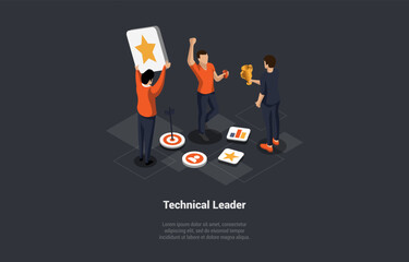 Teamwork Cooperate Together To Achieve Target, Leadership To Build Team, Career Development Concept, Businessman Leader Holding Cup In Hand. People Working In Team. Isometric 3d Vector Illustration