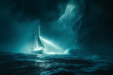 a yacht in a stormy night sea moves towards an iceberg and illuminates it with a spotlight