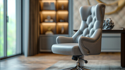 An exquisite office chair mockup in a sophisticated corporate office, showcasing the chair's ergonomic contours and opulent materials. Ideal for professionals seeking comfort and style in th