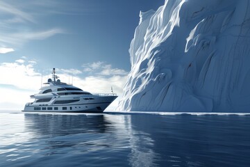 a yacht in antractic expedition moves towards an iceberg