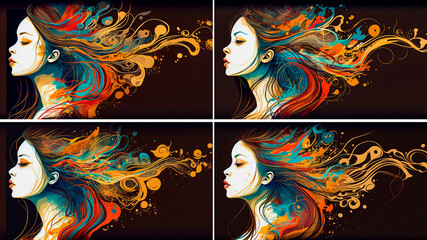 A unique and captivating illustration of a Chinese woman. Includes neural nerve concepts for modern touch. Abstract art of waves and shapes adds depth and dimension. Textures provide visual appeal.