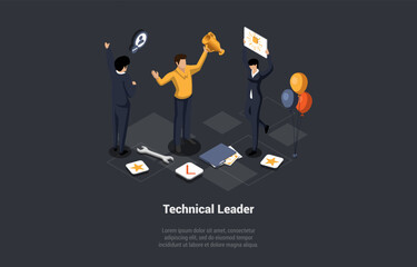 Teamwork Cooperate Together To Achieve Target, Leader Builds Team, Career Development, Group of Happy Business People With Gold Cup In Hand Celebrate Profit Deal. Isometric 3d Vector Illustration
