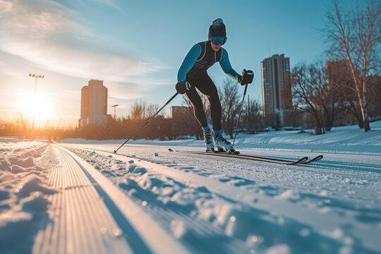 skier running on a crosscountry ski on a city ski track 