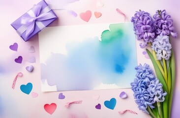 Women's day background. Gift or present box, paper list for text, hearts and hyacinth flowers, top view. Beautiful card. Flat layout.