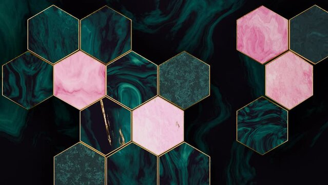 Malachite, green and pink marble hexagons in golden frames rotating on malachite background