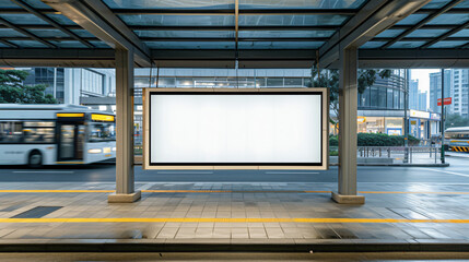 An ideal advertising space! This empty billboard mockup at a bustling bus station is perfectly...