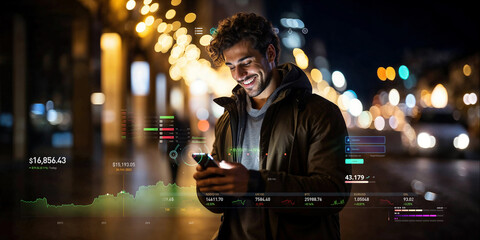 attractive beautiful young black or arab man using and texting on his smart phone mobile for service 5g digital communication and online social media city banner