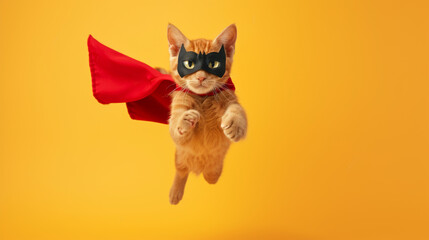 superhero cat, Cute orange tabby kitty with a red cloak and mask jumping and flying on light yellow...