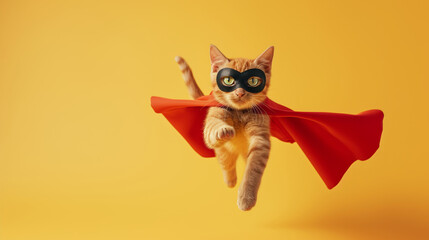 superhero cat, Cute orange tabby kitty with a red cloak and mask jumping and flying on light yellow background with copy space. The concept of a superhero, super cat, leader, funny animal studio shot