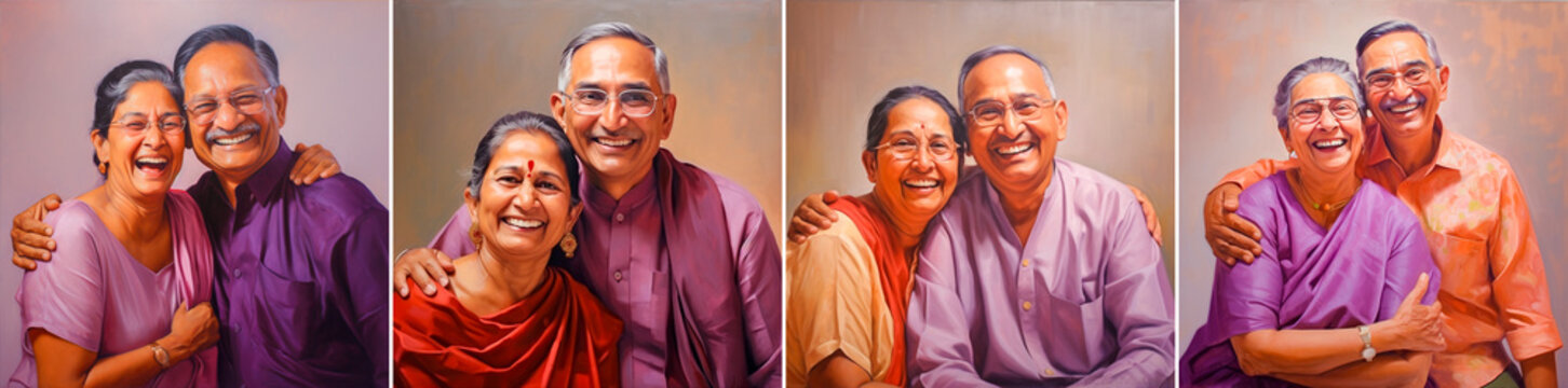 The image shows a happy Indian couple. Marwari. 65 years old. The woman is elegant in a purple silk sari with her hair tied in a ponytail. In the photo, both people are smiling.