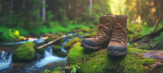 Fotobehang Panoramic view of a pair of hiking boots resting on a mossy log in a lush forest with a summer stream, perfect for outdoor and nature-themed concepts. © pijav4uk