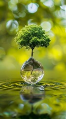 Drop of water and small beautiful green tree on top. Save water day vertical banner