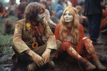 Hippie couple sitting in the mud at a festival, 1960s, hippie