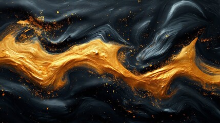 Abstract gold black acrylic painted fluted 3d painting texture luxury background banner on canvas - Golden waves swirls. Decor concept. Wallpaper concept. Art concept. 3d concept. 