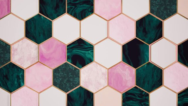 Malachite, white, green and pink marble hexagons in golden frames rotating on pink background