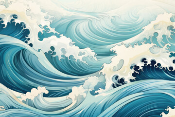 illustration, painting of beautiful waves with foam on the blue sea