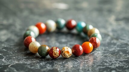 Close-up of a colorful beaded bracelet, highlighting a variety of polished stones with different patterns and hues, laid out on a textured stone surface