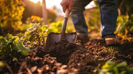 A man digs a vegetable garden with a shovel close-up. Concept agronomist, farmer, spring, planting, gardening, plants, tool, growing,land, soil. - obrazy, fototapety, plakaty