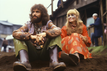 Hippie couple sitting in the mud at a festival, 1960s, hippie - obrazy, fototapety, plakaty