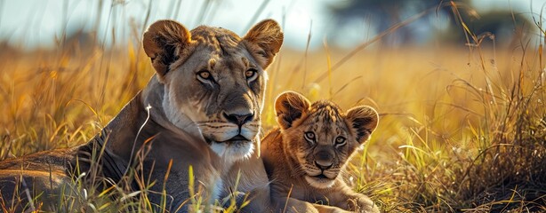 Lioness and her cub child resting in savanna grass
