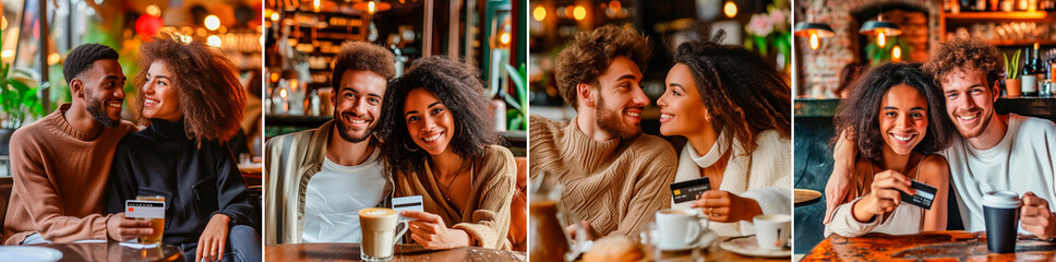Young interracial couple enjoying a date in a cafe. Holds a credit card. Ready to make a purchase. Portraying a positive and inclusive representation of relationships.