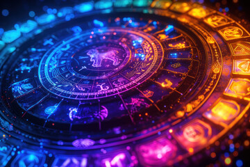 Gemini zodiac sign against horoscope wheel. Astrology calendar. Esoteric horoscope and fortune telling concept.
