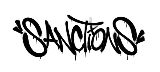 Sprayed sanctions font graffiti with overspray in black over white. Vector illustration. - obrazy, fototapety, plakaty