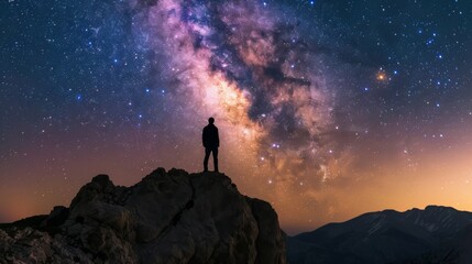 Amidst the breathtaking mountain landscape, a solitary figure stands atop a rock, gazing up at the twinkling stars in the vast night sky, mesmerized by the endless possibilities of the universe - obrazy, fototapety, plakaty