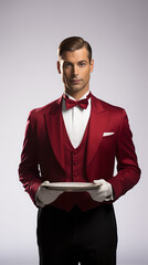 Butler holding a silver tray isolated on white. Concierge. Waiter. Butler in red tuxedo. Casino staff. Hotel staff. Handsome male. Casino butler. Casino concierge. Male waiter in uniform. Casino host.